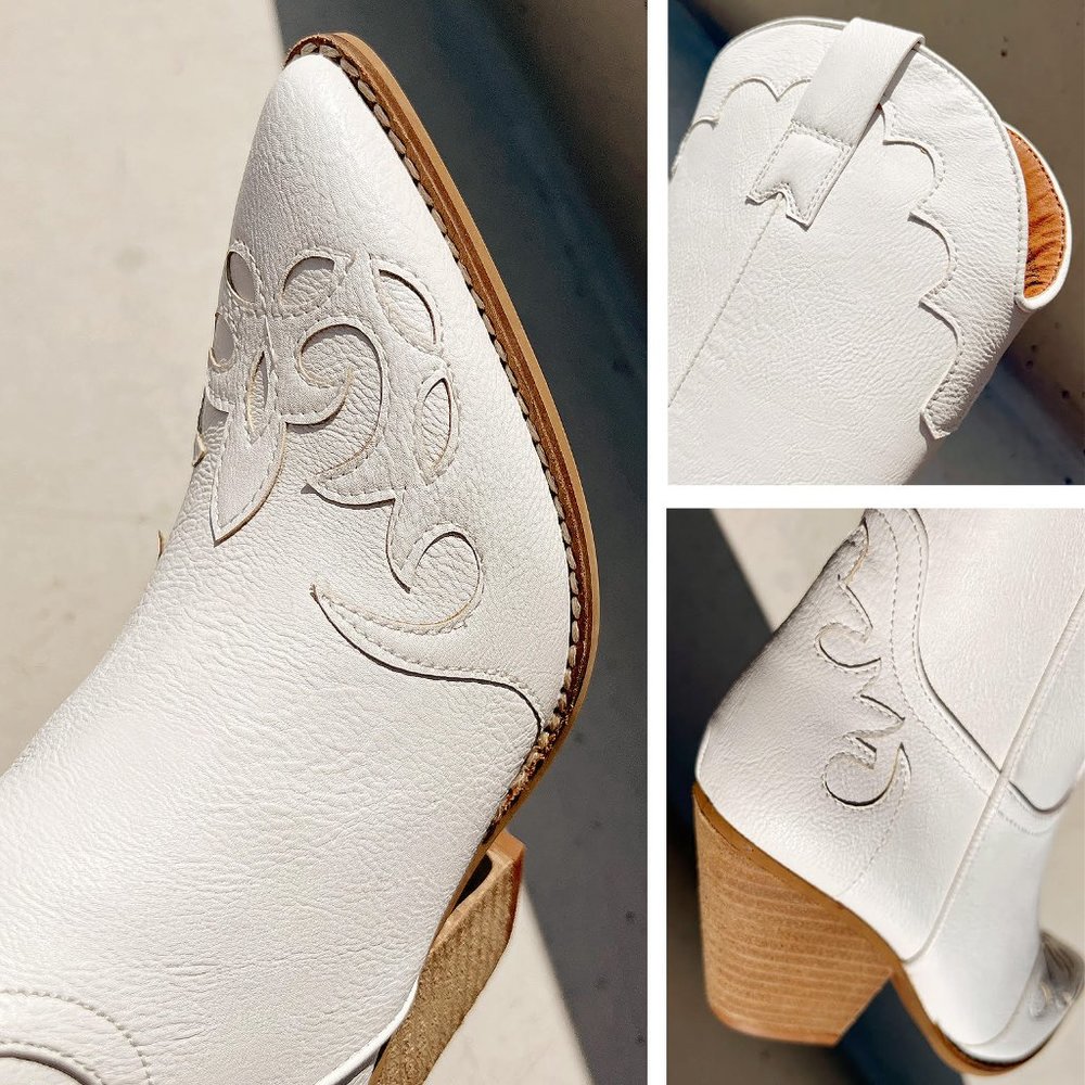 NEW White Western Cowgirl Cutout Applique Pointy Toe Block Heel Mid Calf Boots - Picture 7 of 12